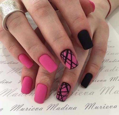 Черный с розовым дизайн ногтей. Дизайн для коротких ногтей 02 Черный с розовым дизайн ногтей. Дизайн для коротких ногтей 02