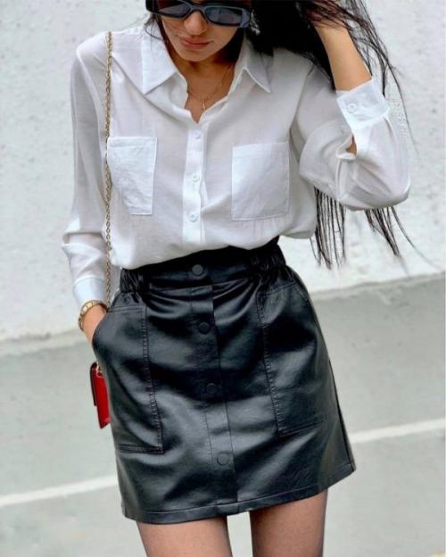 С чем носить кожаную юбку зимой 2022. Модные фасоны кожаных юбок на 2021-2022
