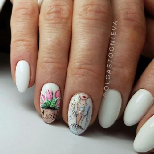Белый маникюр с рисунком. 07