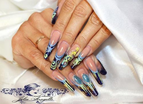 Dark Blue сложная коррекция, перманентный френч гель краской, эффект кракелюра, обьемный дизайн пудрами, жидкие камни, сваровски. 02