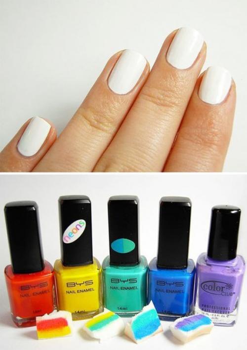 Радужный маникюр.  1. прежде всего нанесите базовое покрытие лаком белого цвета на все ногти и дайте ему полностью высохнуть. 01