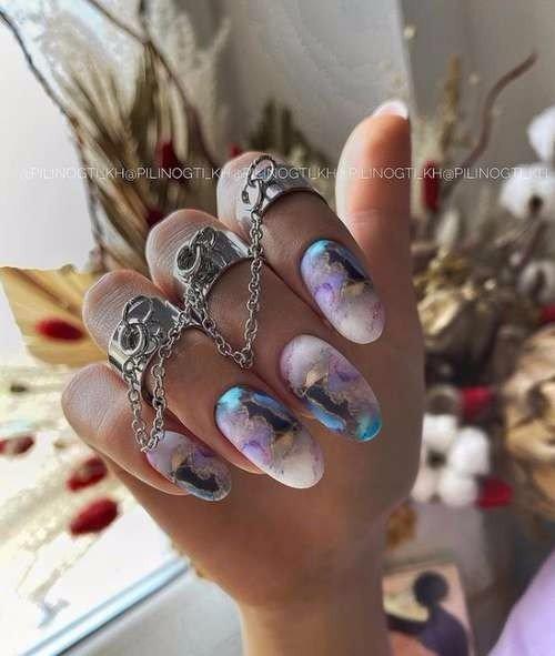 Подборка идей с паутинкой, разводами на разную форму ногтей. 07